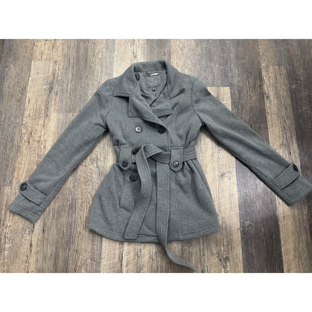 J2 Grey Jersey Knit Double‎ Breasted Pea Coat Belted Jacket Womens Small
